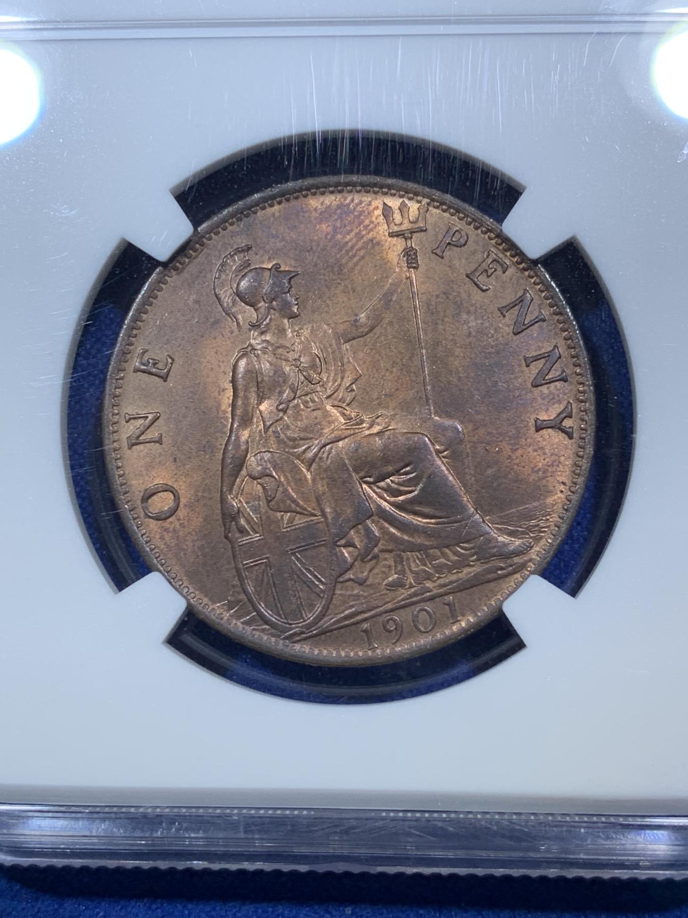 《竞宝斋》第272场- 周日，周一，周二  3场连拍 （全场包邮） NGC MS64RB 英国1901年维多利亚披纱1便士大铜币 铜光闪闪