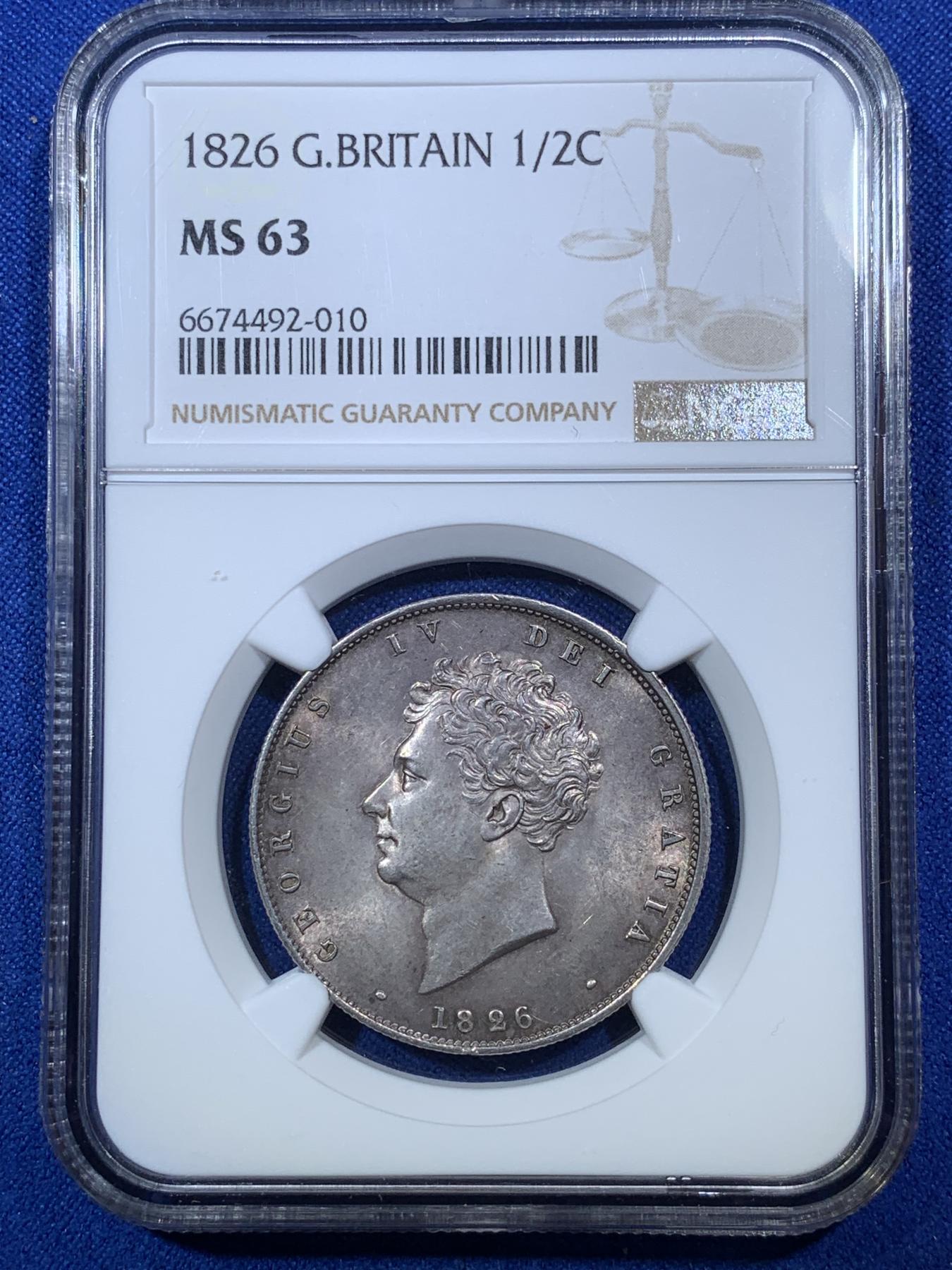 《竞宝斋》第272场- 周日，周一，周二  3场连拍 （全场包邮） NGC MS63 英国1826乔治四世半克朗 盾徽版 背面图案精美 栩栩如生 高品比三花版少见 也比1825少 深彩包浆 收藏佳品 乔四一直都是英系大热！