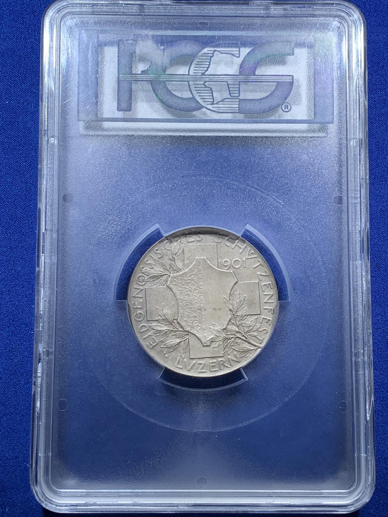 《竞宝斋》第272场- 周日，周一，周二  3场连拍 （全场包邮） PCGS SP65 瑞士1901年琉森射击节海尔维谛女神大银章 顶级品相状态 PCGS大盒封装