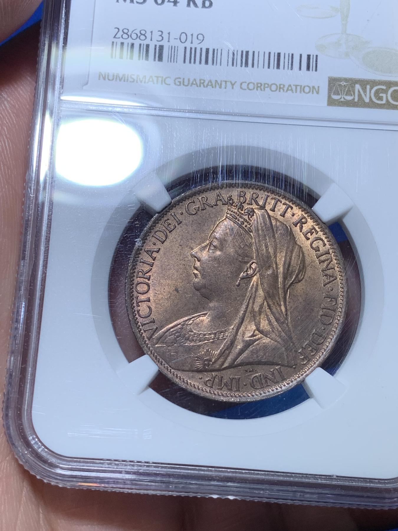 《竞宝斋》第272场- 周日，周一，周二  3场连拍 （全场包邮） NGC MS64RB 英国1901年维多利亚披纱1便士大铜币 铜光闪闪