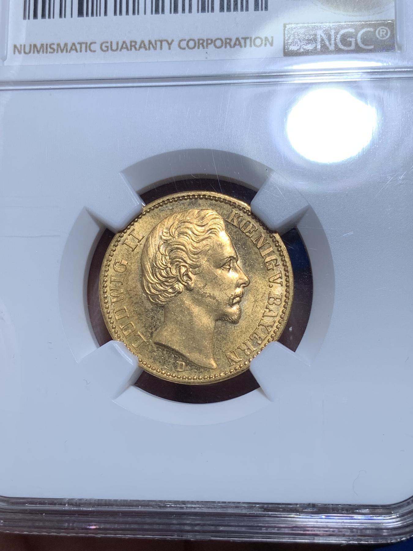 《竞宝斋》第272场- 周日，周一，周二  3场连拍 （全场包邮） NGC MS63 德国巴伐利亚1873 路德维希二世 20马克金币 首拍品种 非常难得