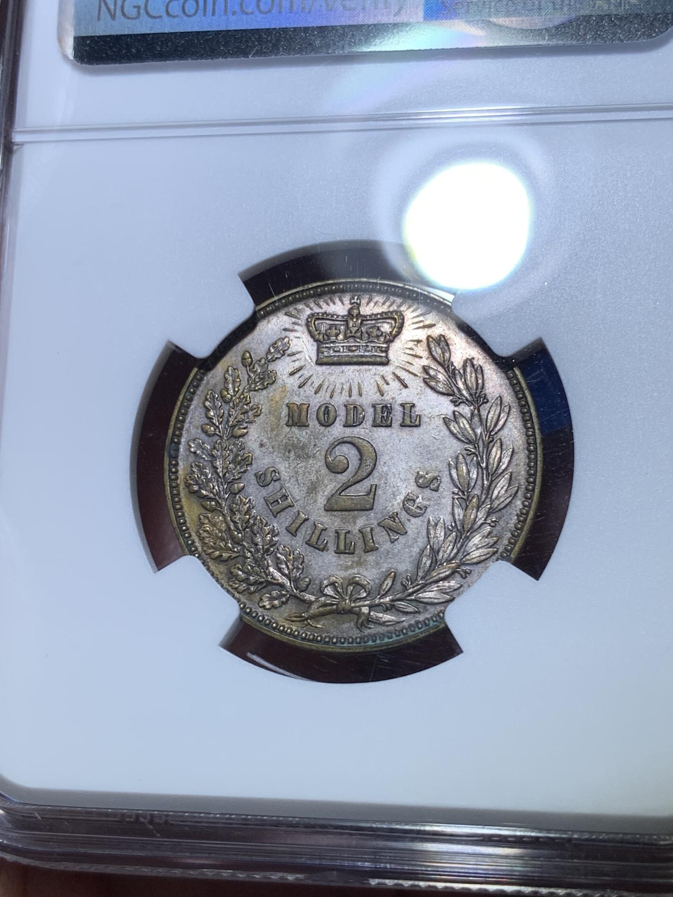 《竞宝斋》第272场- 周日，周一，周二  3场连拍 （全场包邮） NGC MS62 英国1850年 2先令 与双色克朗同属一个系列 非常少见