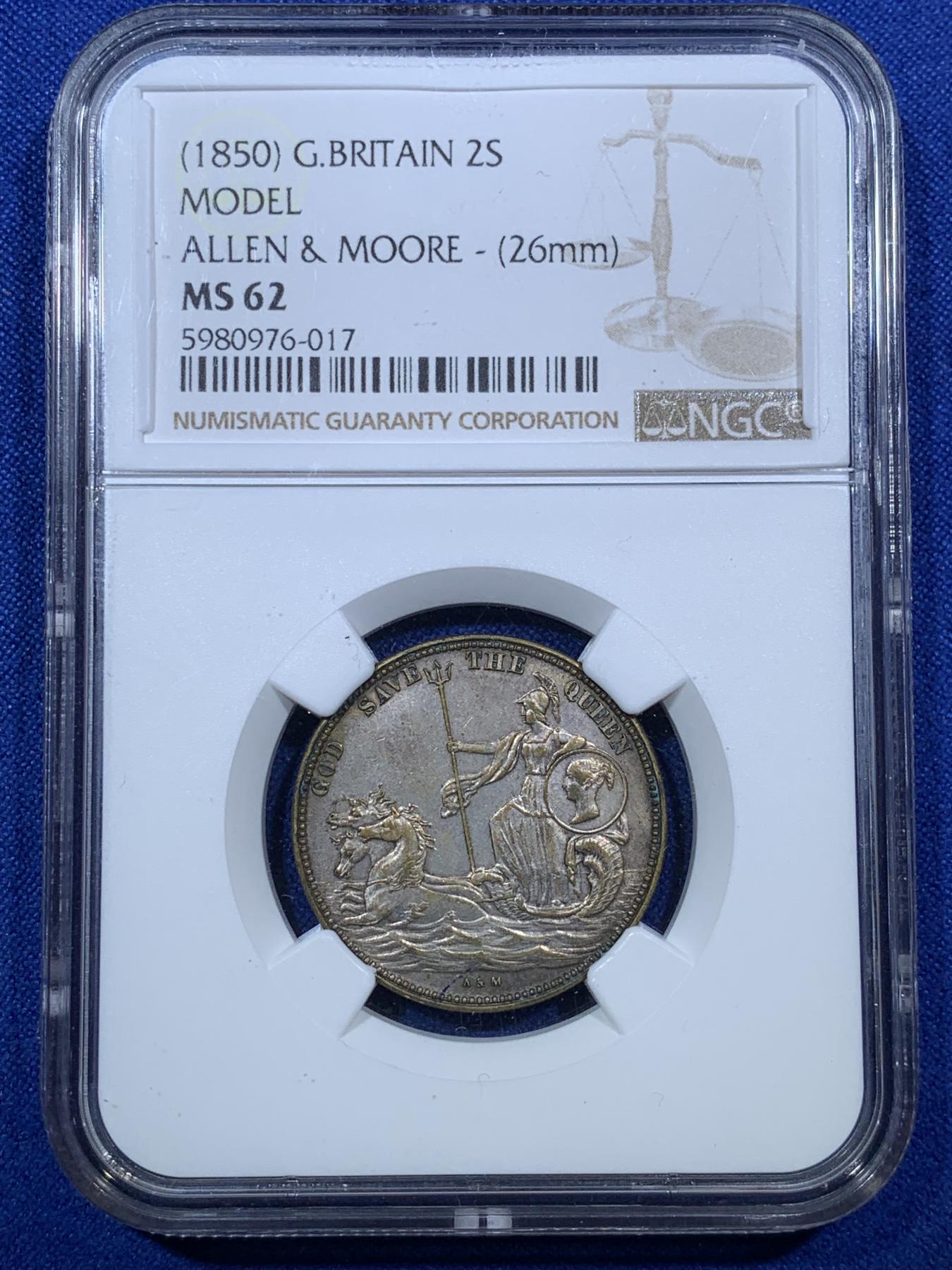 《竞宝斋》第272场- 周日，周一，周二  3场连拍 （全场包邮） NGC MS62 英国1850年 2先令 与双色克朗同属一个系列 非常少见