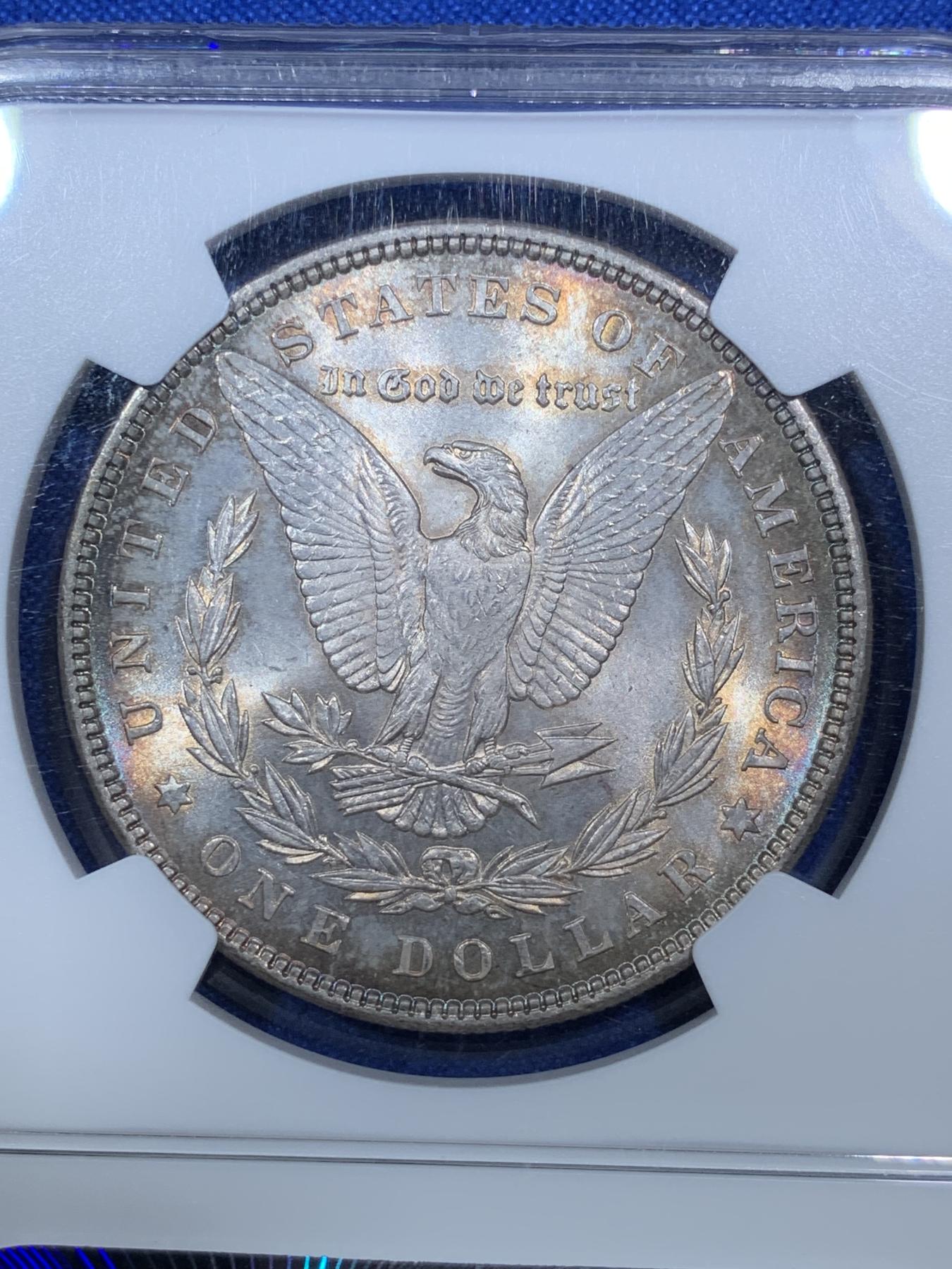 《竞宝斋》第272场- 周日，周一，周二  3场连拍 （全场包邮） NGC MS64 美国1885年摩根银币 深重五彩包浆