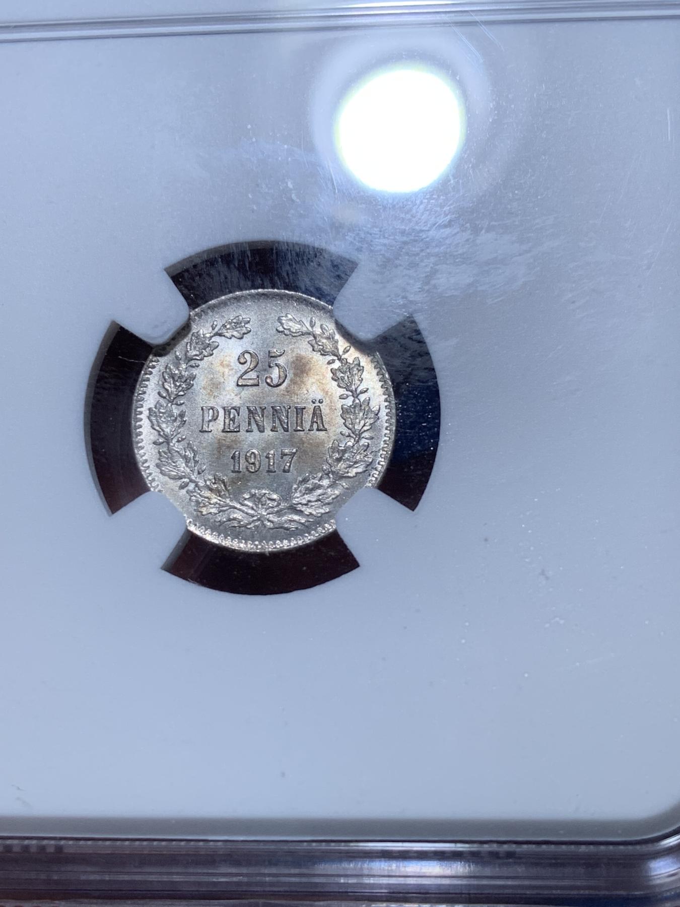 《竞宝斋》第272场- 周日，周一，周二  3场连拍 （全场包邮） NGC MS65 芬兰 1917年 内战25芬尼 银币