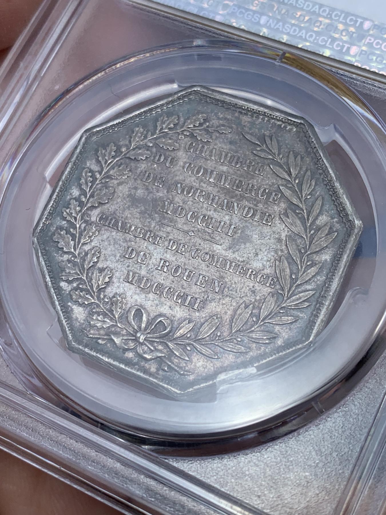 《竞宝斋》第272场- 周日，周一，周二  3场连拍 （全场包邮） PCGS AU58 法国 1802年 八角代币 景观+飞天宙斯设计 原味包浆 PC的八角少很多