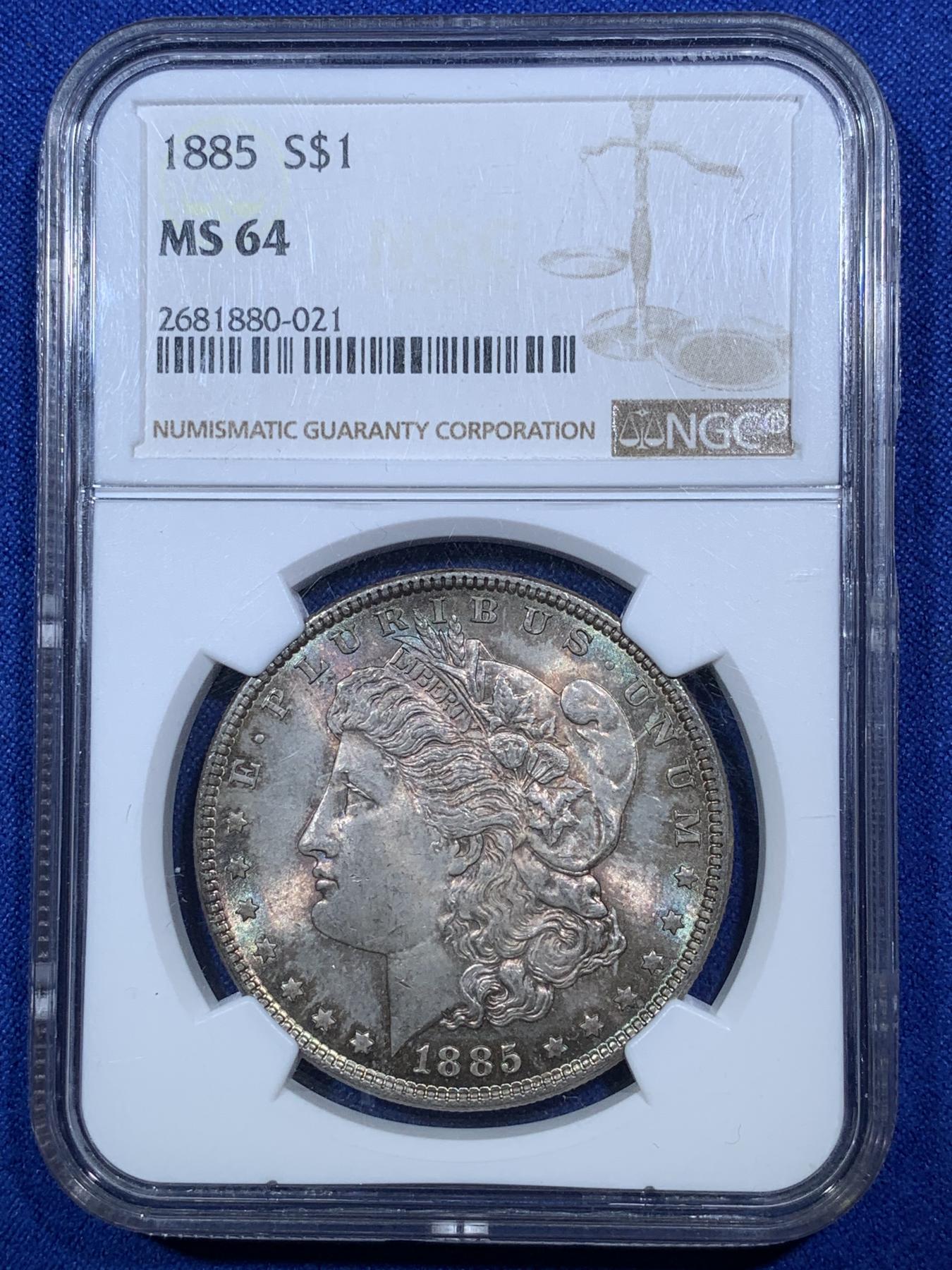 《竞宝斋》第272场- 周日，周一，周二  3场连拍 （全场包邮） NGC MS64 美国1885年摩根银币 深重五彩包浆