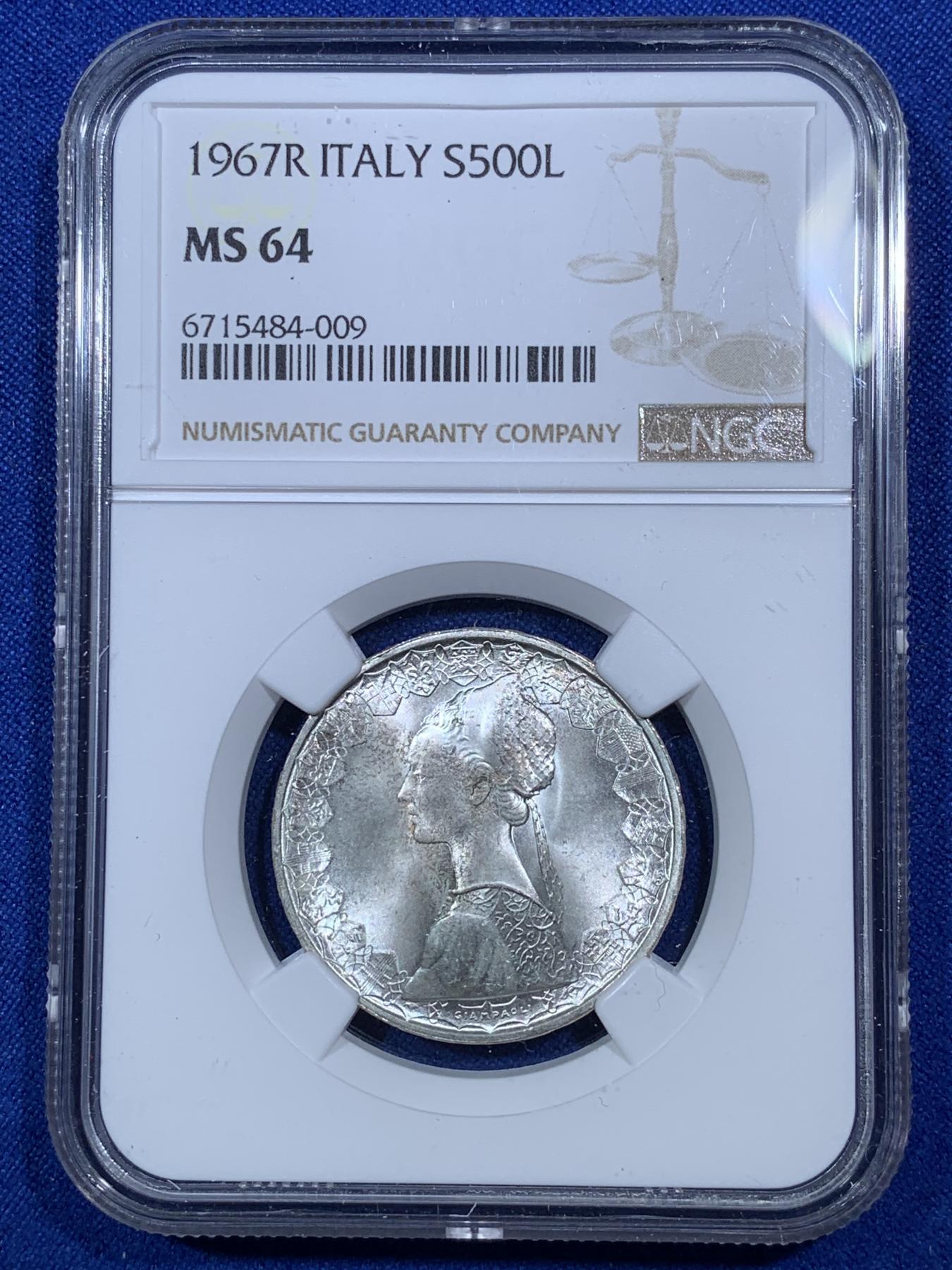 《竞宝斋》第272场- 周日，周一，周二  3场连拍 （全场包邮） NGC MS64 意大利 1967年 500里拉 美女帆船 银币 卷拆品