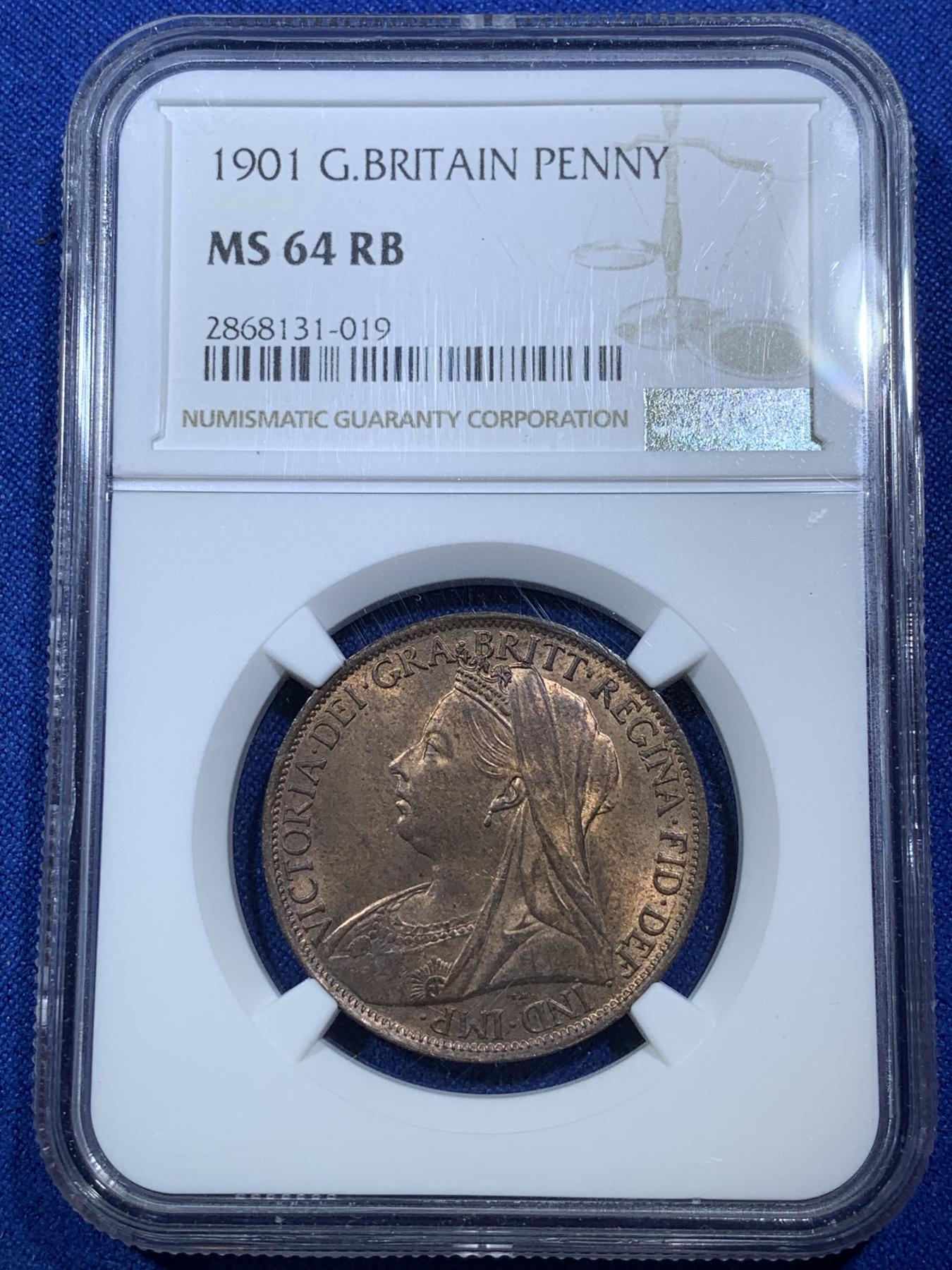 《竞宝斋》第272场- 周日，周一，周二  3场连拍 （全场包邮） NGC MS64RB 英国1901年维多利亚披纱1便士大铜币 铜光闪闪