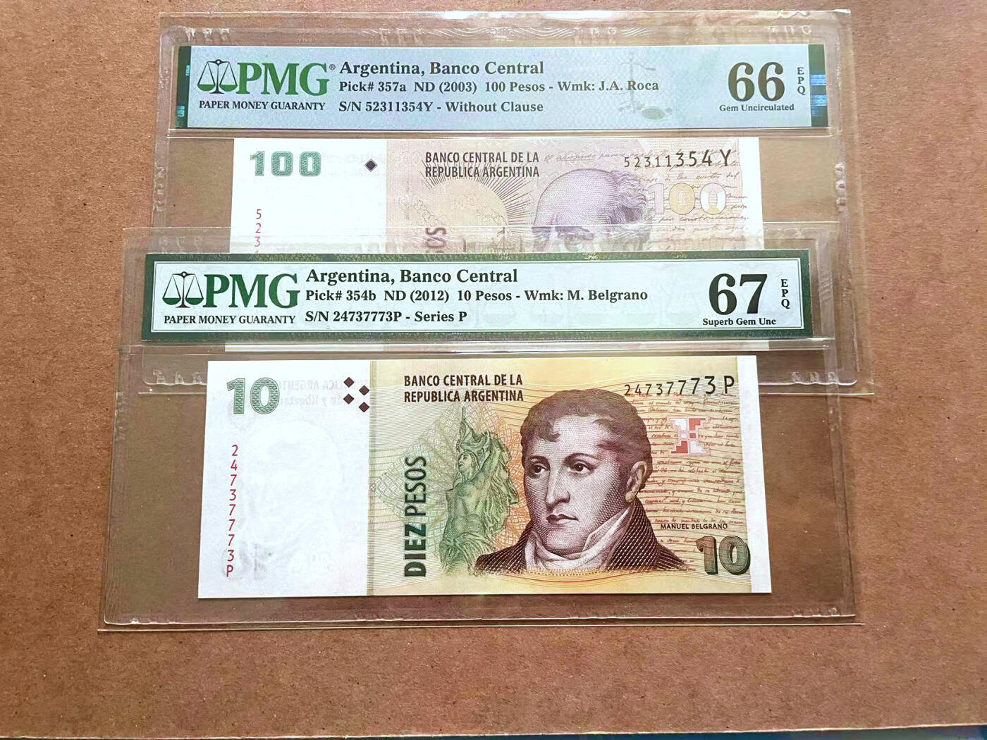 【Blue Auction】✨世界纸币精拍第482期【精】 【一组2张】阿根廷 2003-2012年10-100比索 PMG67EPQ-66EPQ