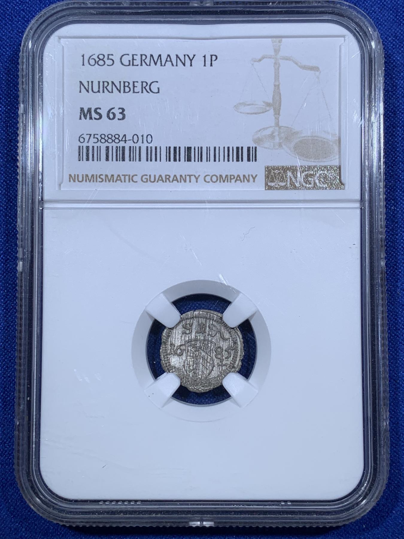 《竞宝斋》第272场- 周日，周一，周二  3场连拍 （全场包邮） NGC MS63 德国纽伦堡1685年盾徽1芬尼 单面小银币