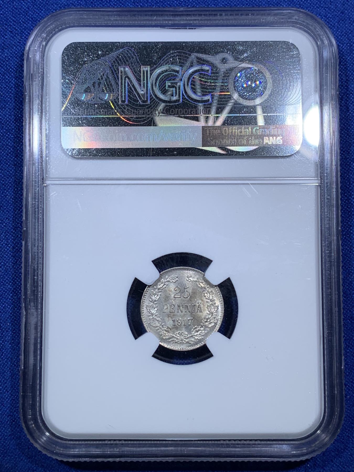 《竞宝斋》第272场- 周日，周一，周二  3场连拍 （全场包邮） NGC MS65 芬兰 1917年 内战25芬尼 银币