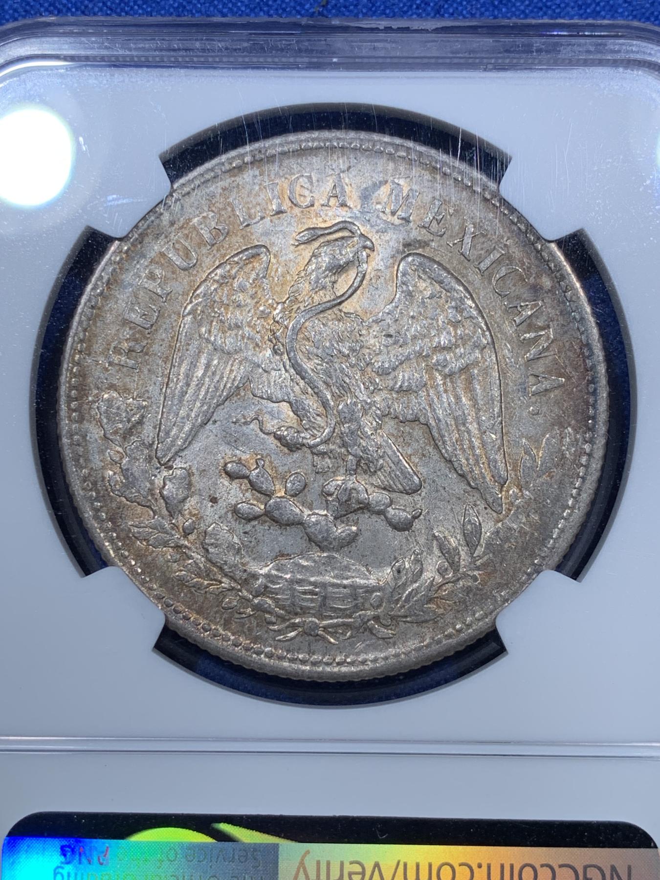 《竞宝斋》第272场- 周日，周一，周二  3场连拍 （全场包邮） NGC MS62 墨西哥1901年ZS厂直边鹰洋8R银币 淡彩 鹰面金包浆 压印还不错 羽毛比较全