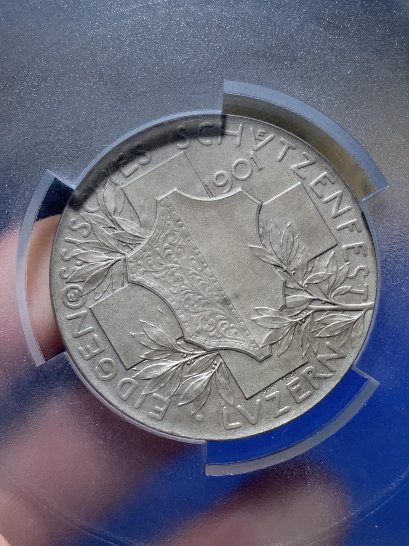 《竞宝斋》第272场- 周日，周一，周二  3场连拍 （全场包邮） PCGS SP65 瑞士1901年琉森射击节海尔维谛女神大银章 顶级品相状态 PCGS大盒封装