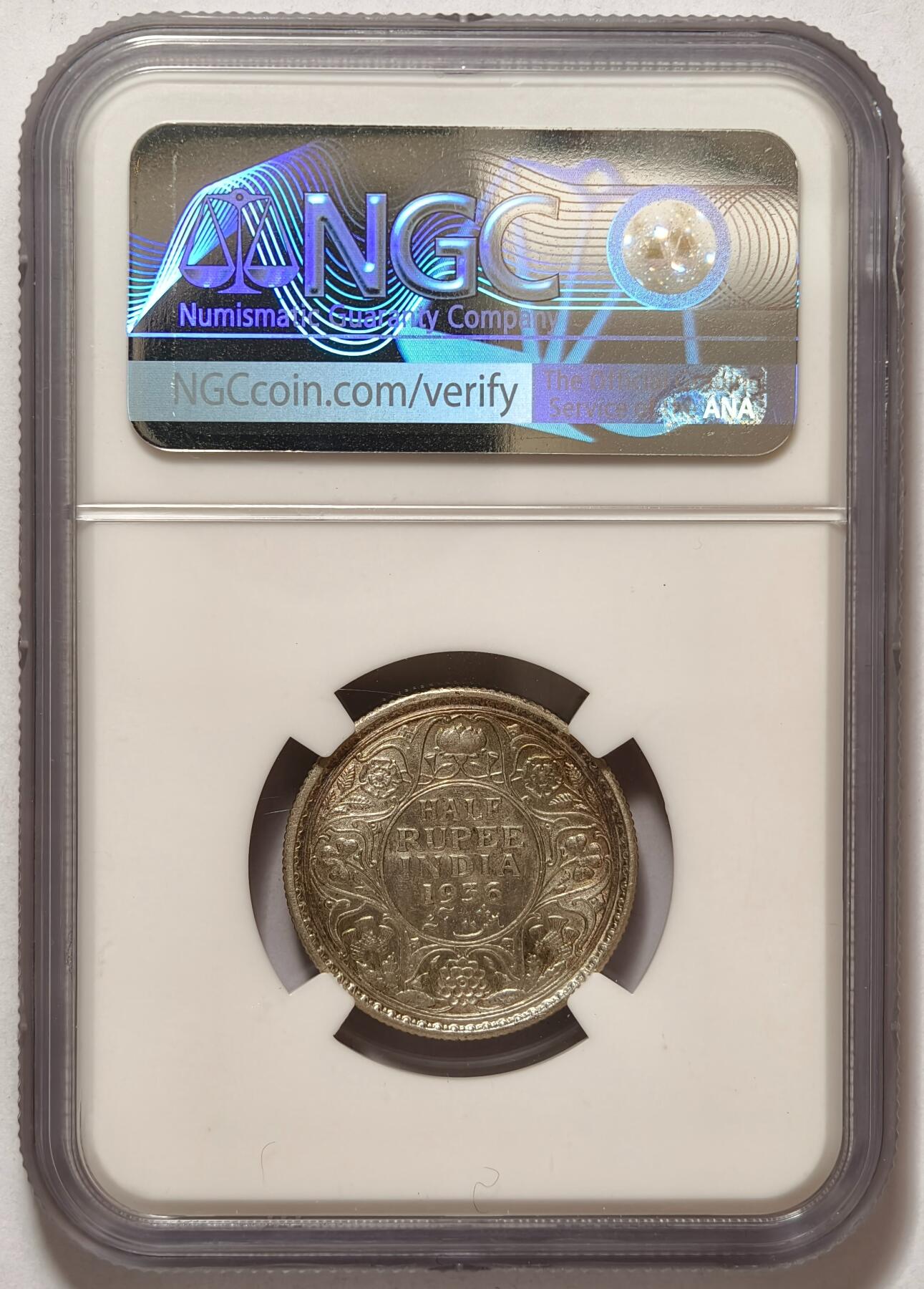 紫瑗钱币——第464期 英属印度 1936年 C版 乔治五世 1/2卢比 银币 NGC AU58
