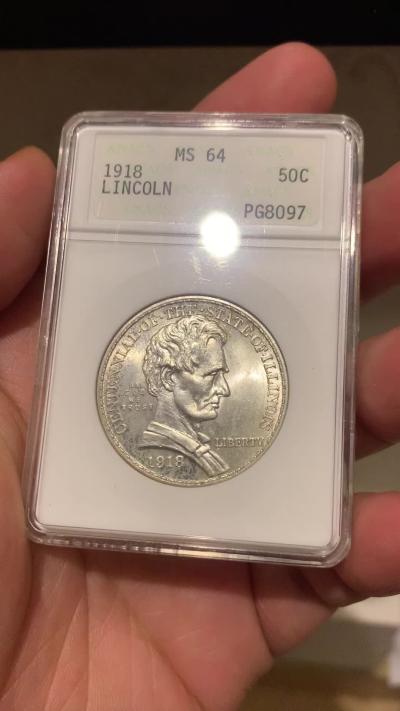 《竞宝斋》第272场- 周日，周一，周二  3场连拍 （全场包邮） ANACS MS64 美国 1918年 林肯半美元银币 纪念币 经典设计 50美分中不可或缺的一枚 早期小白盒 状态很好