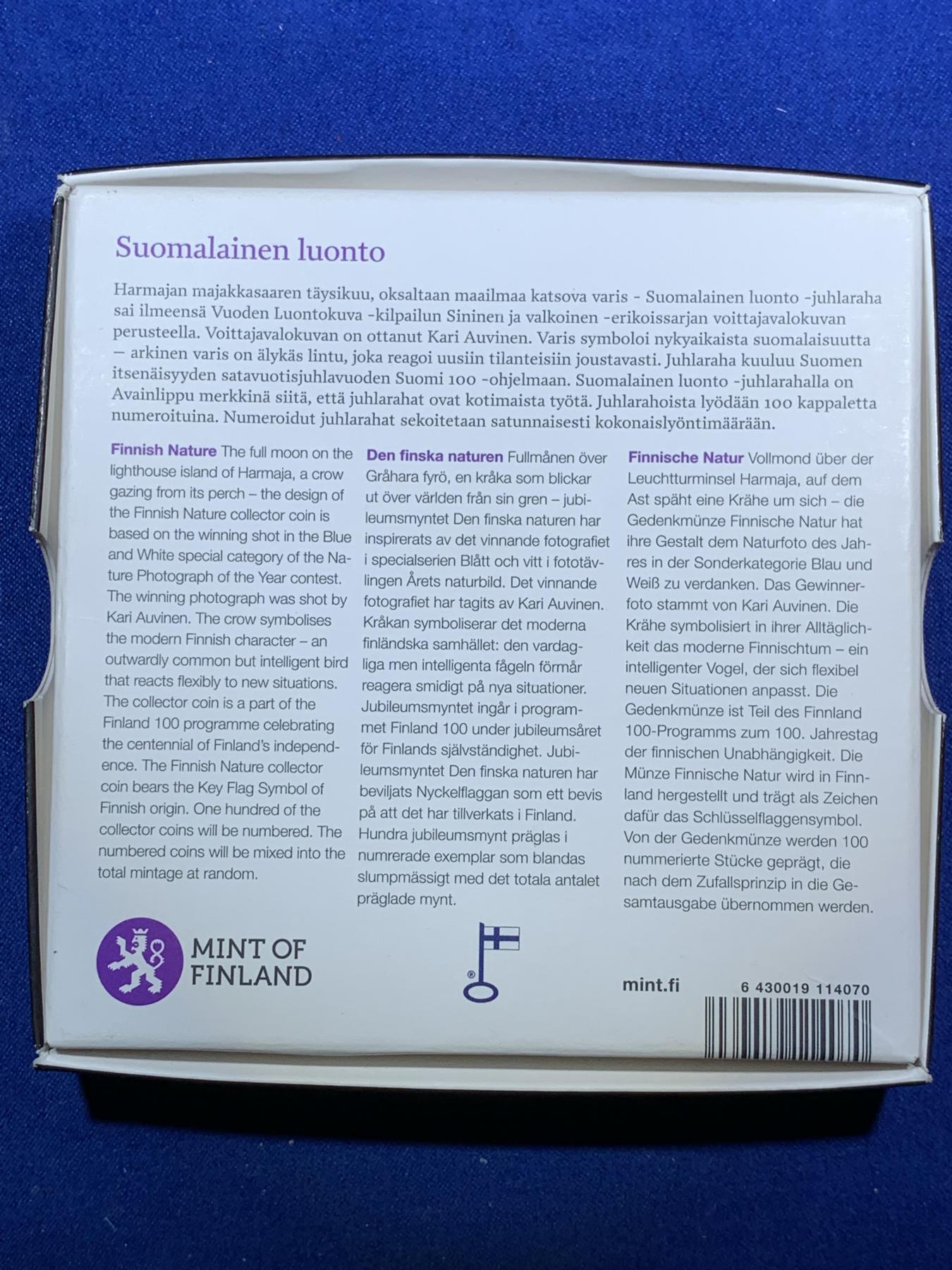 《竞宝斋》第272场- 周日，周一，周二  3场连拍 （全场包邮） 芬兰 2017年 独立百年 野生动物保护系列 小乌鸦 10欧元 精制银币 发行量仅一万 稀少