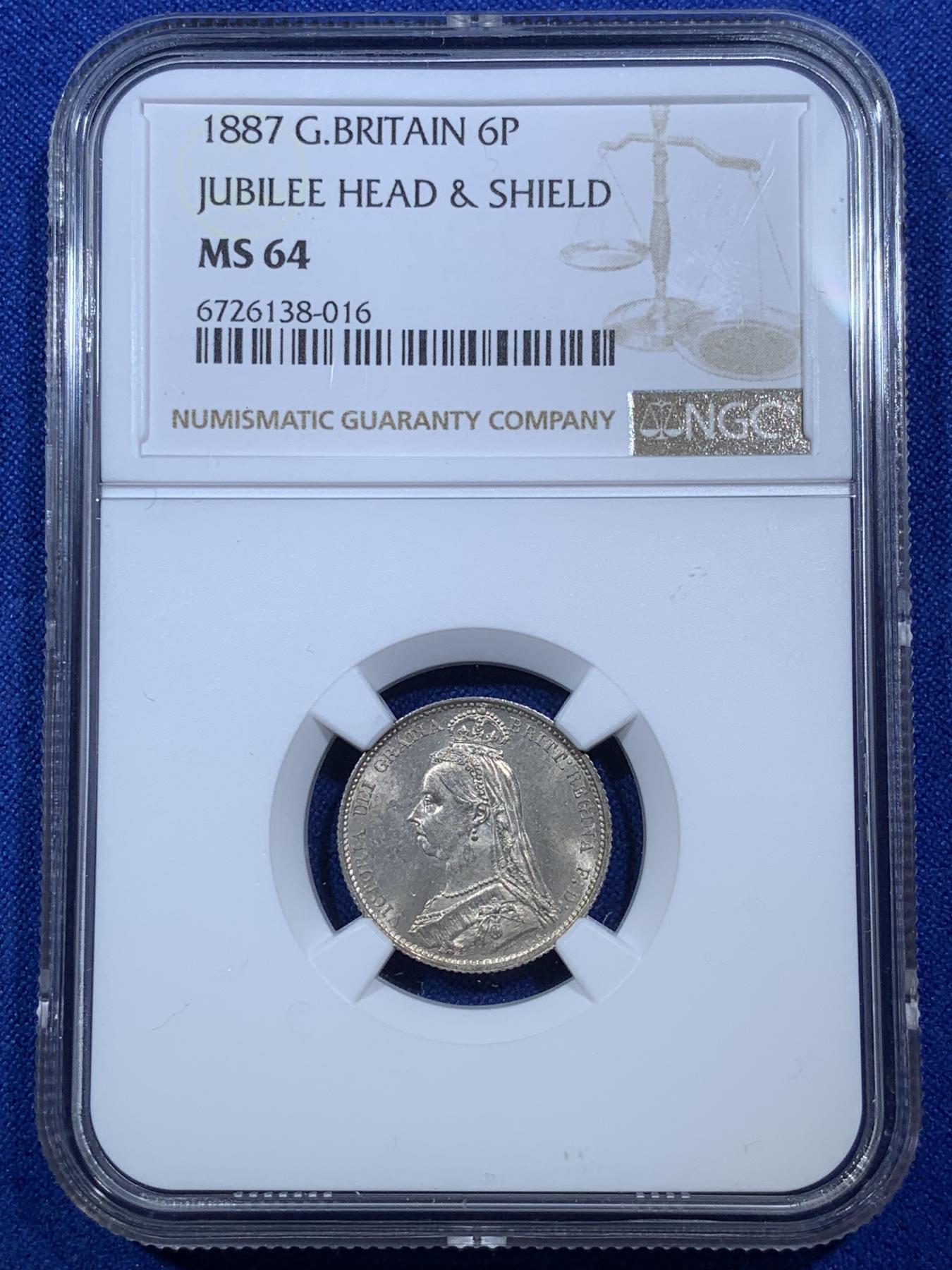 《竞宝斋》第272场- 周日，周一，周二  3场连拍 （全场包邮） NGC MS64 英国1887年维多利亚高冠6便士银币 丝滑底板 高分状态