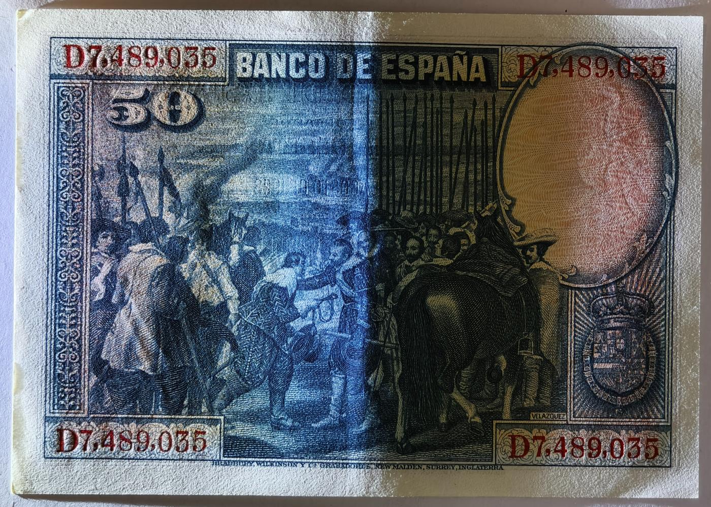 紫瑗钱币——第371期拍卖——纸币场 西班牙 1928年 油画《布雷达的献城》50比塞塔 UNC- (P-75b)