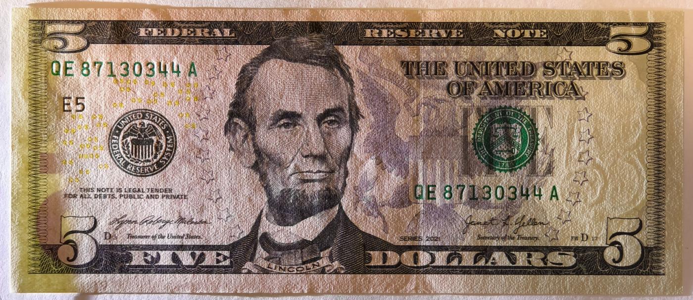 紫瑗钱币——第357期拍卖—— 纸币场 【双尾4】美国 2021年 E版 无序列 亚伯拉罕·林肯 5美元 彩色版 UNC