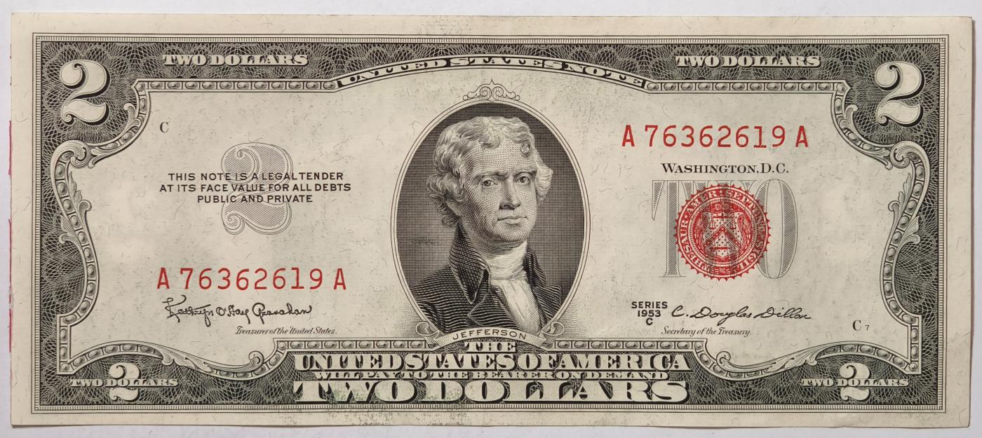 紫瑗钱币——第357期拍卖—— 纸币场 美国 1953年 C序列 托马斯·杰斐逊 2美元 红印 政府券 AU