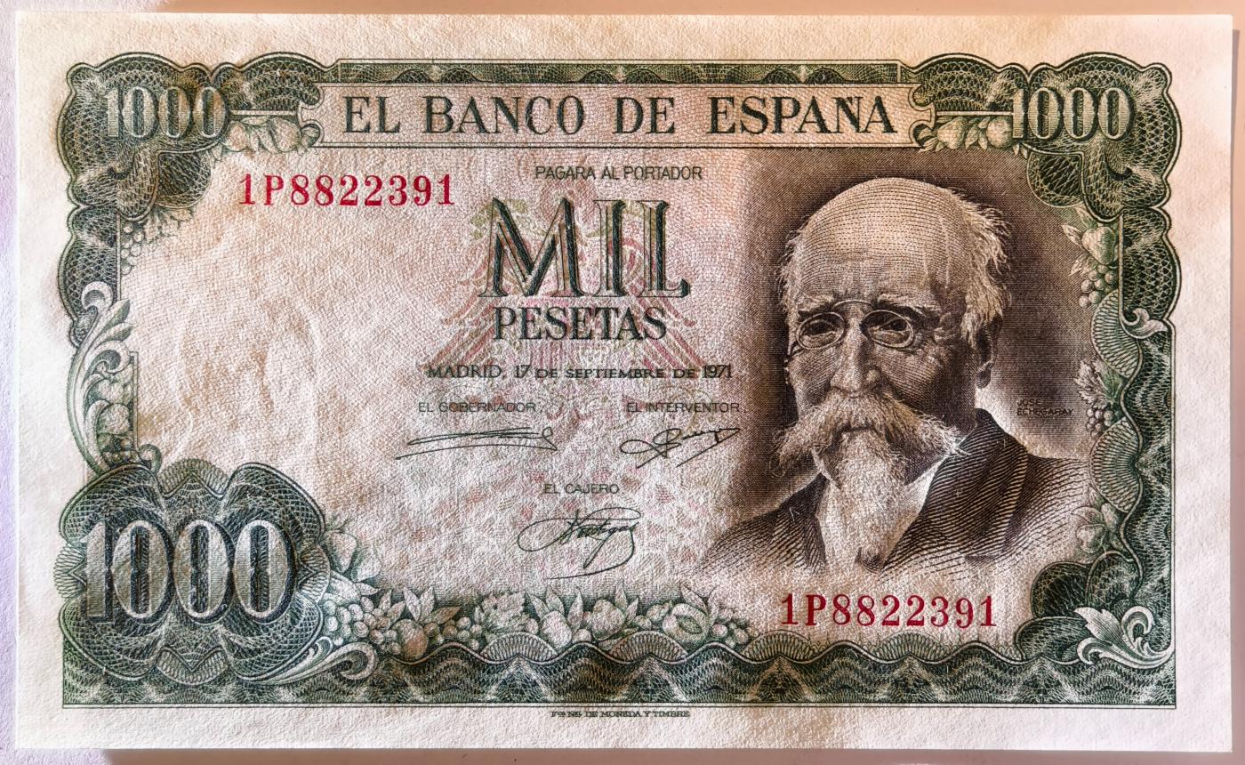 紫瑗钱币——第357期拍卖—— 纸币场 西班牙 1971(1974)年 何塞·埃切加赖 1000比塞塔 UNC (P-154)