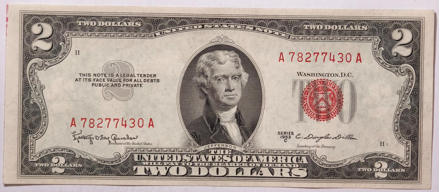 紫瑗钱币——第357期拍卖—— 纸币场 美国 1953年 C序列 托马斯·杰斐逊 2美元 红印 政府券 UNC-