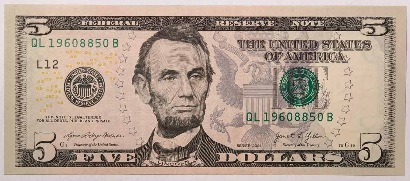 紫瑗钱币——第357期拍卖—— 纸币场 美国 2021年 L版 无序列 亚伯拉罕·林肯 5美元 彩色版 UNC