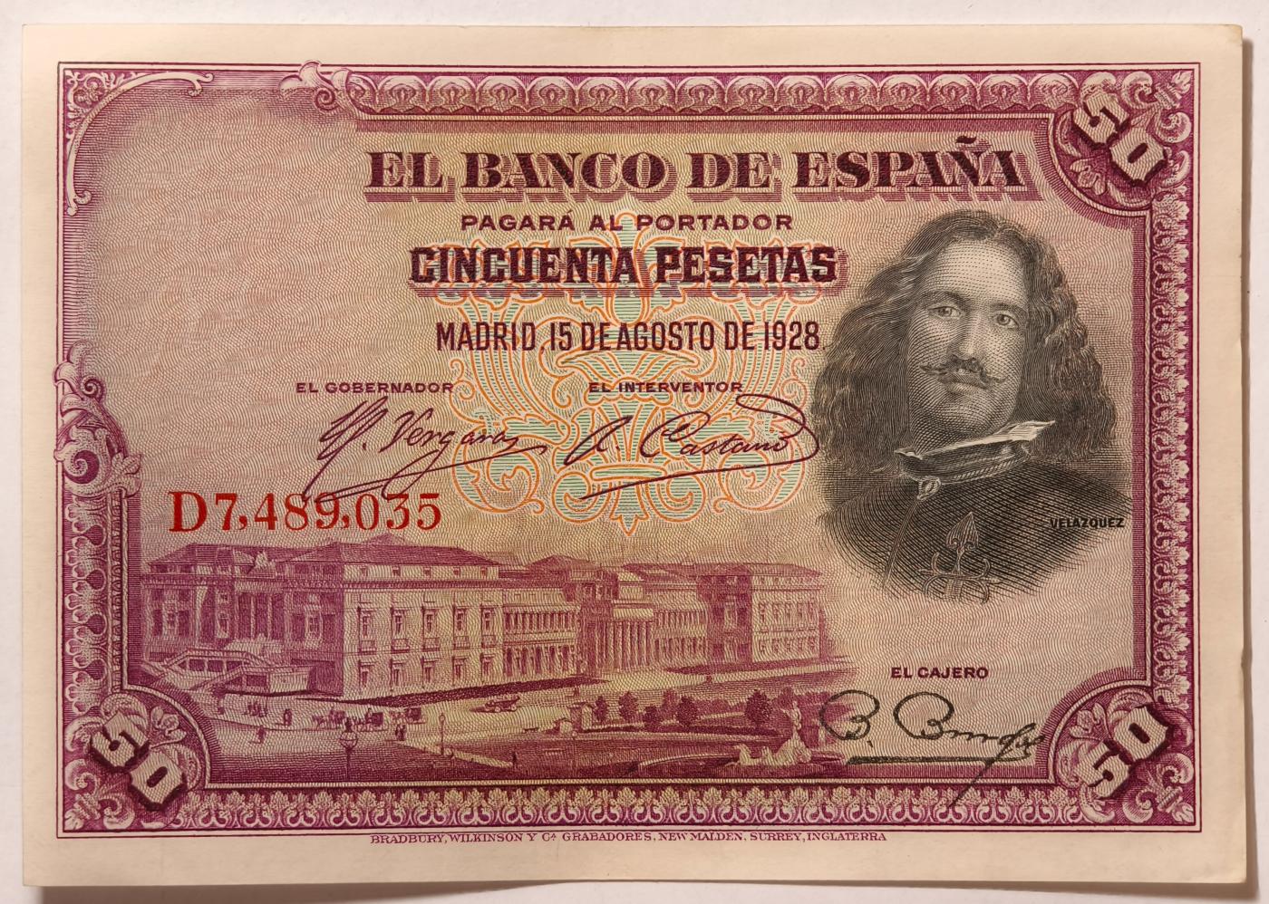 紫瑗钱币——第371期拍卖——纸币场 西班牙 1928年 油画《布雷达的献城》50比塞塔 UNC- (P-75b)