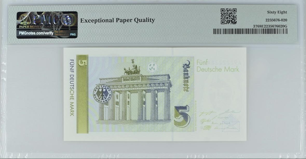 收藏联盟Quantum Auction 第349期拍卖  德国联邦1991年5马克AA_A1冠 PMG68 老虎号身 号码无3457朦胧号