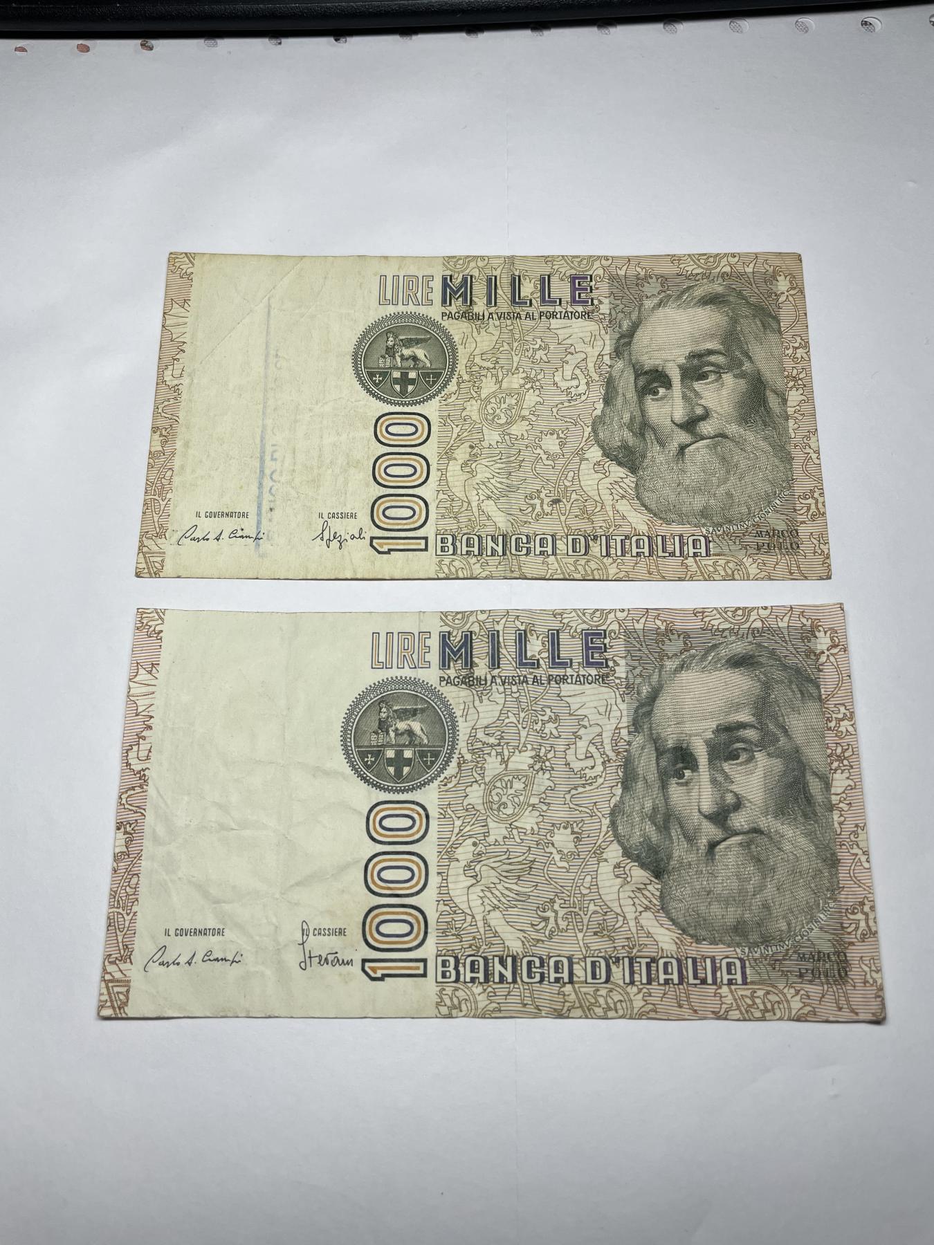 2024年集古藏今外币拍卖第七期-第10场—（总第70拍）-纸币专场，本场拍完结算发货，本期寄存的2-3天内完成发货，再进行下一期拍卖，本期拍卖数量最多者赠老扑克一副 意大利1000里拉2张-2