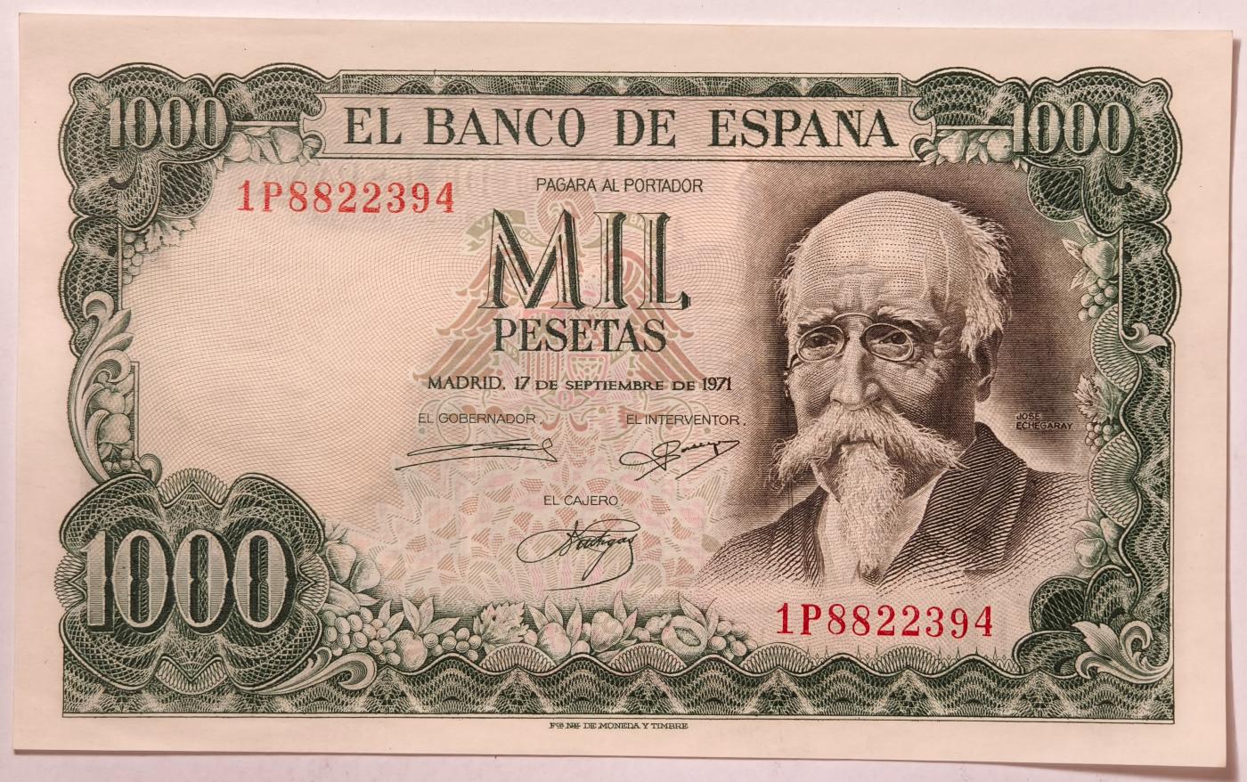 紫瑗钱币——第357期拍卖—— 纸币场 西班牙 1971(1974)年 何塞·埃切加赖 1000比塞塔 UNC (P-154)