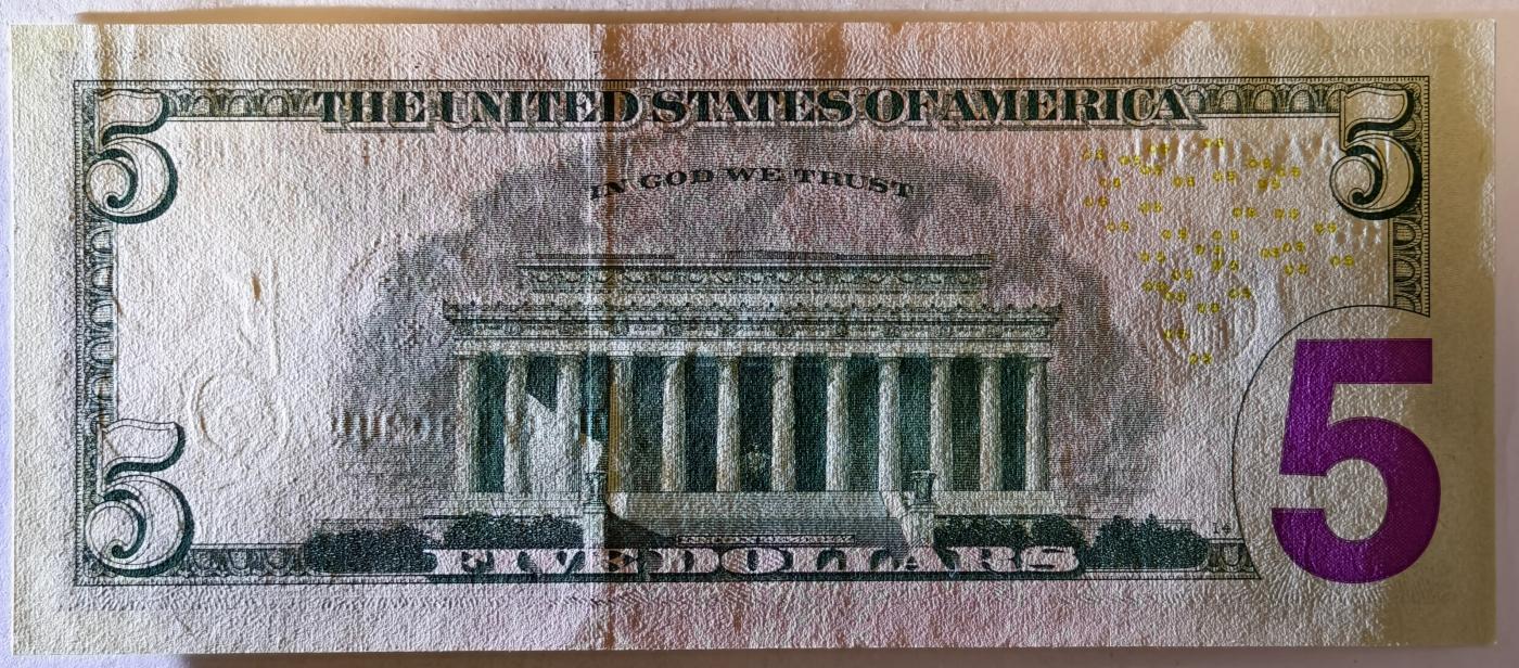 紫瑗钱币——第357期拍卖—— 纸币场 【双尾4】美国 2021年 E版 无序列 亚伯拉罕·林肯 5美元 彩色版 UNC