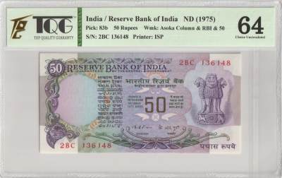 PThappally收藏第33次拍卖，英联邦地区硬币纸币 - INDIA, Reserve Bank of India, 1975-77, 50 Rupees, Sign. K.R. Puri, Pick 83b, S/N# 2BC 136148 TQG 64 UNC