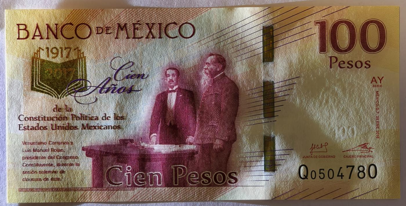 紫瑗钱币——第357期拍卖—— 纸币场 墨西哥 2017年 宪法颁布100周年 纪念钞 100比索 UNC