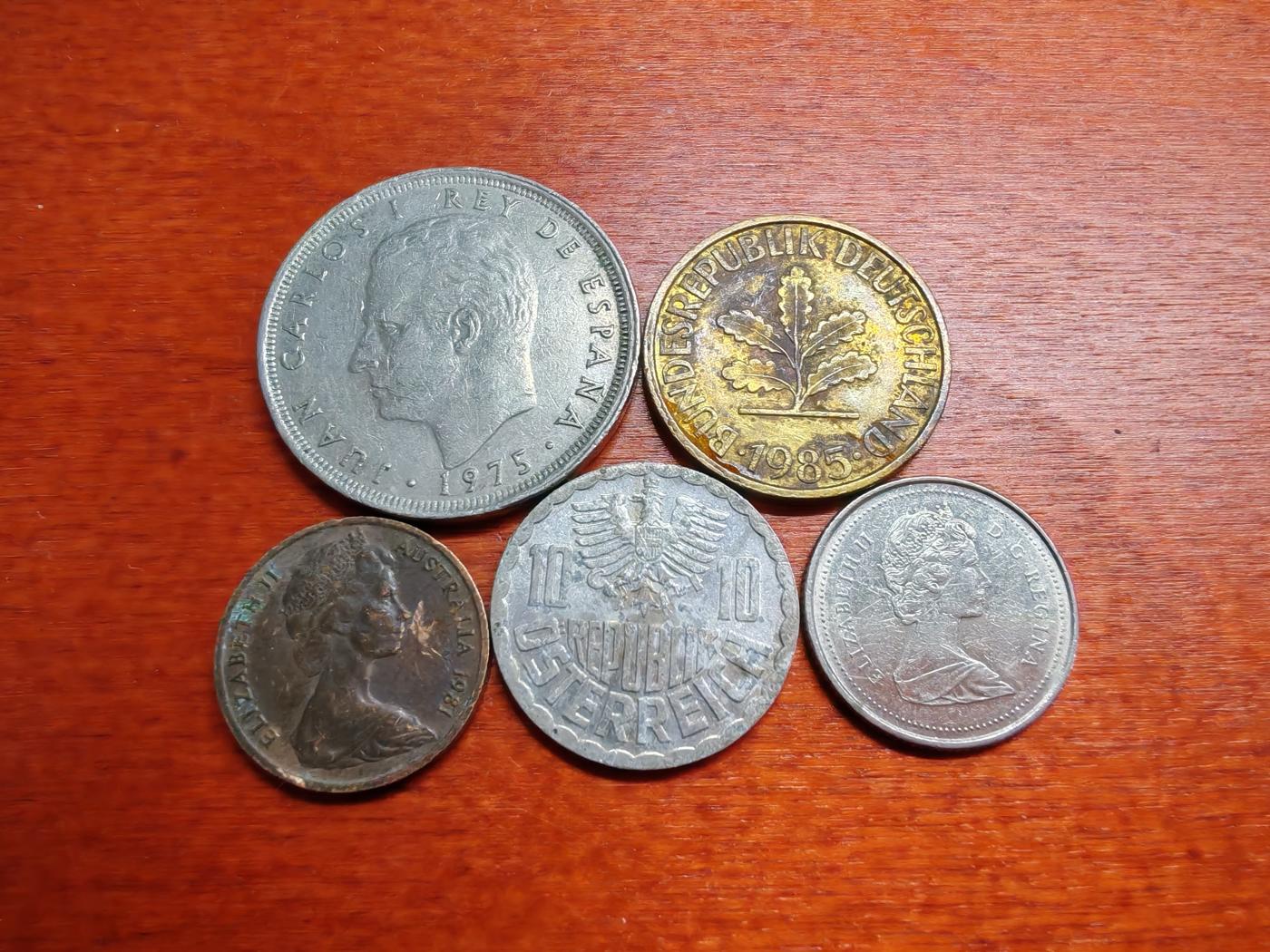 长老汇龙年散币拍卖第一场 1975-90西班牙、德国、奥地利、加拿大、澳大利亚铜镍币，5枚，流通品相如图