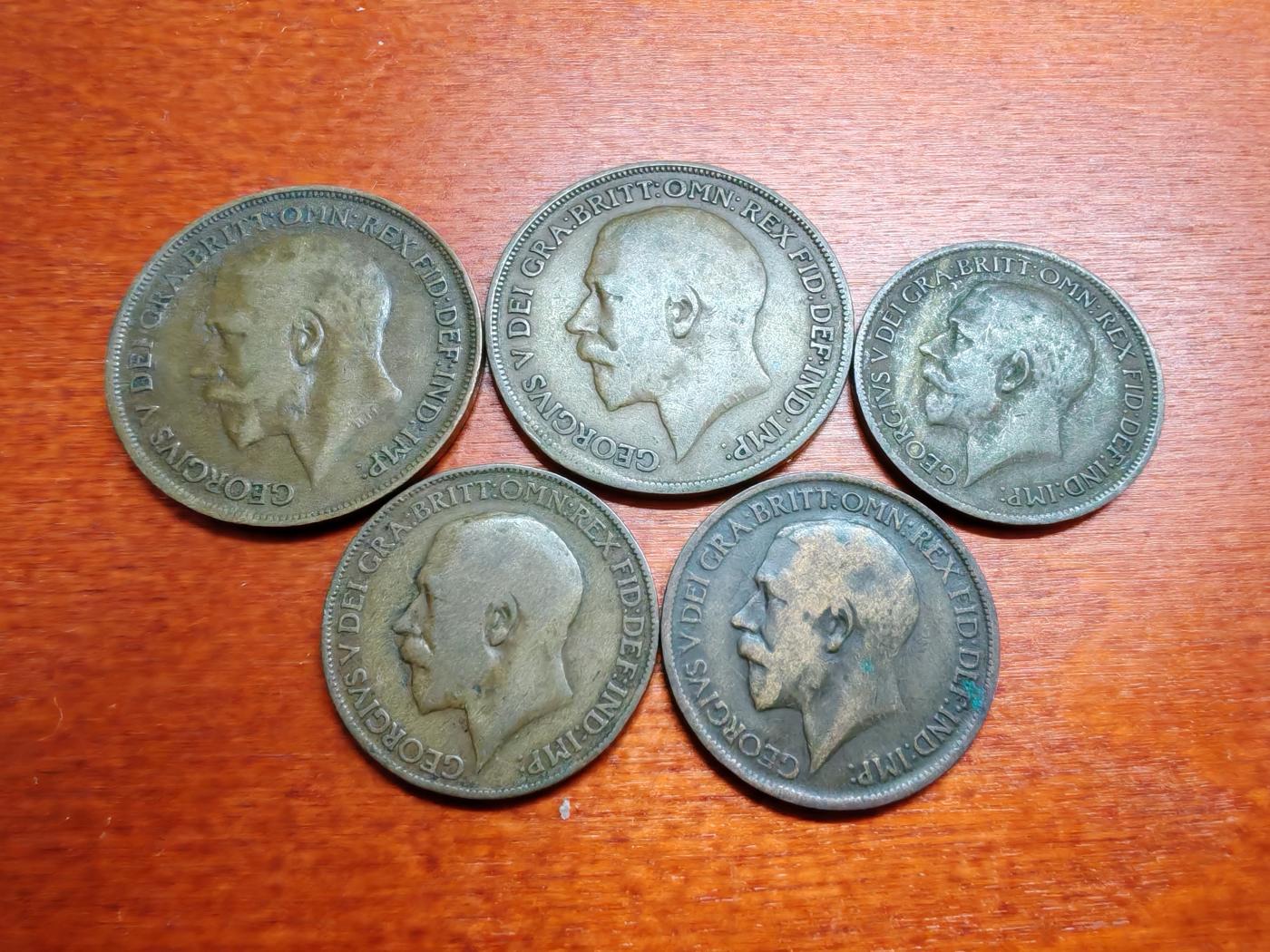 长老汇龙年散币拍卖第一场 1911-16英国乔治五世1便士大铜币+1/2便士铜币，5枚，流通品相如图