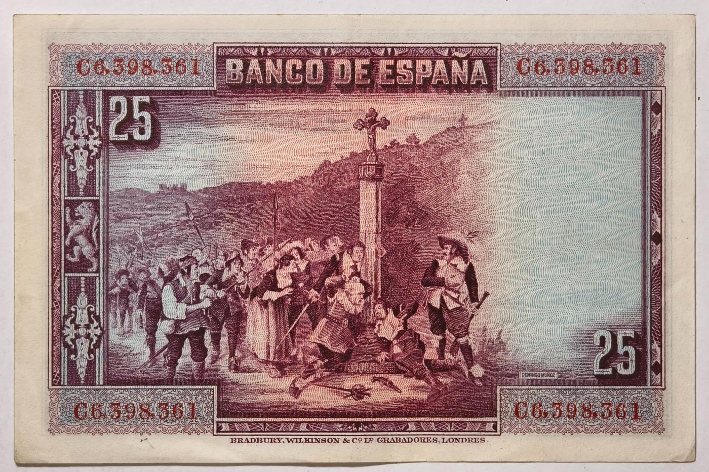 紫瑗钱币——第385期——纸币场 西班牙 1928年 卡尔德隆 25比塞塔 流通品 (P-74b)