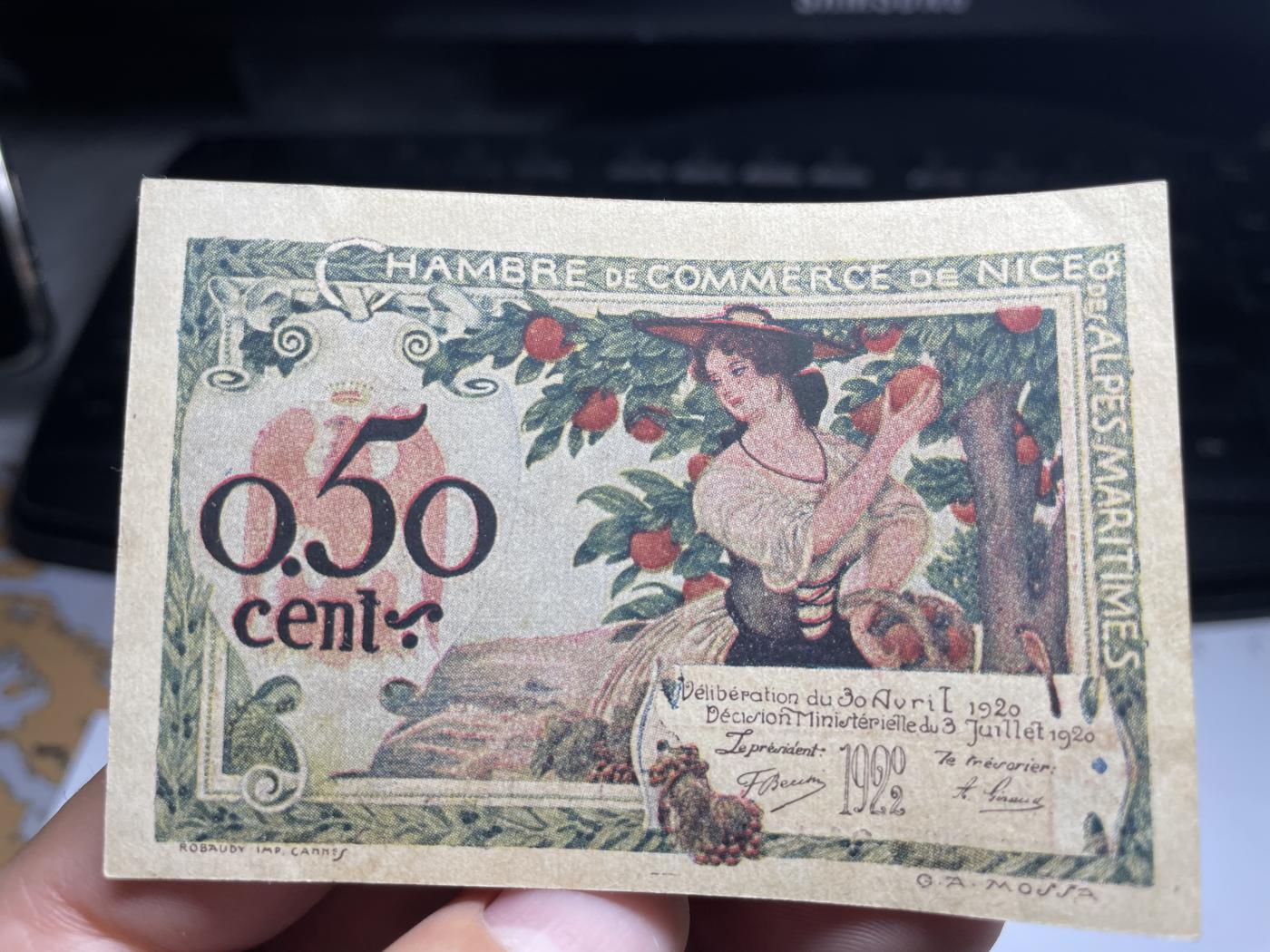 2024年集古藏今外币拍卖第七期-第10场—（总第70拍）-纸币专场，本场拍完结算发货，本期寄存的2-3天内完成发货，再进行下一期拍卖，本期拍卖数量最多者赠老扑克一副 精美稀少法国紧急状态时期0.5法郎纸币—美女摘苹果，帅哥打鱼