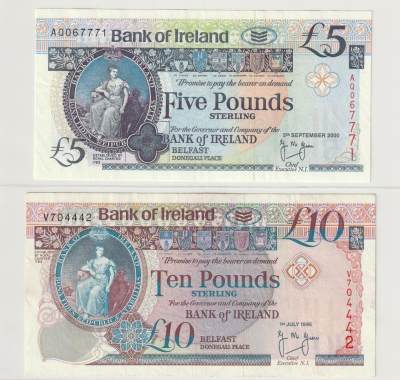 PThappally收藏第33次拍卖，英联邦地区硬币纸币 - NORTHERN IRELAND, Bank or Ireland - 1995 10 Pounds P75a & 2000 5 Pounds P 74c, 2 Circulated Banknotes 