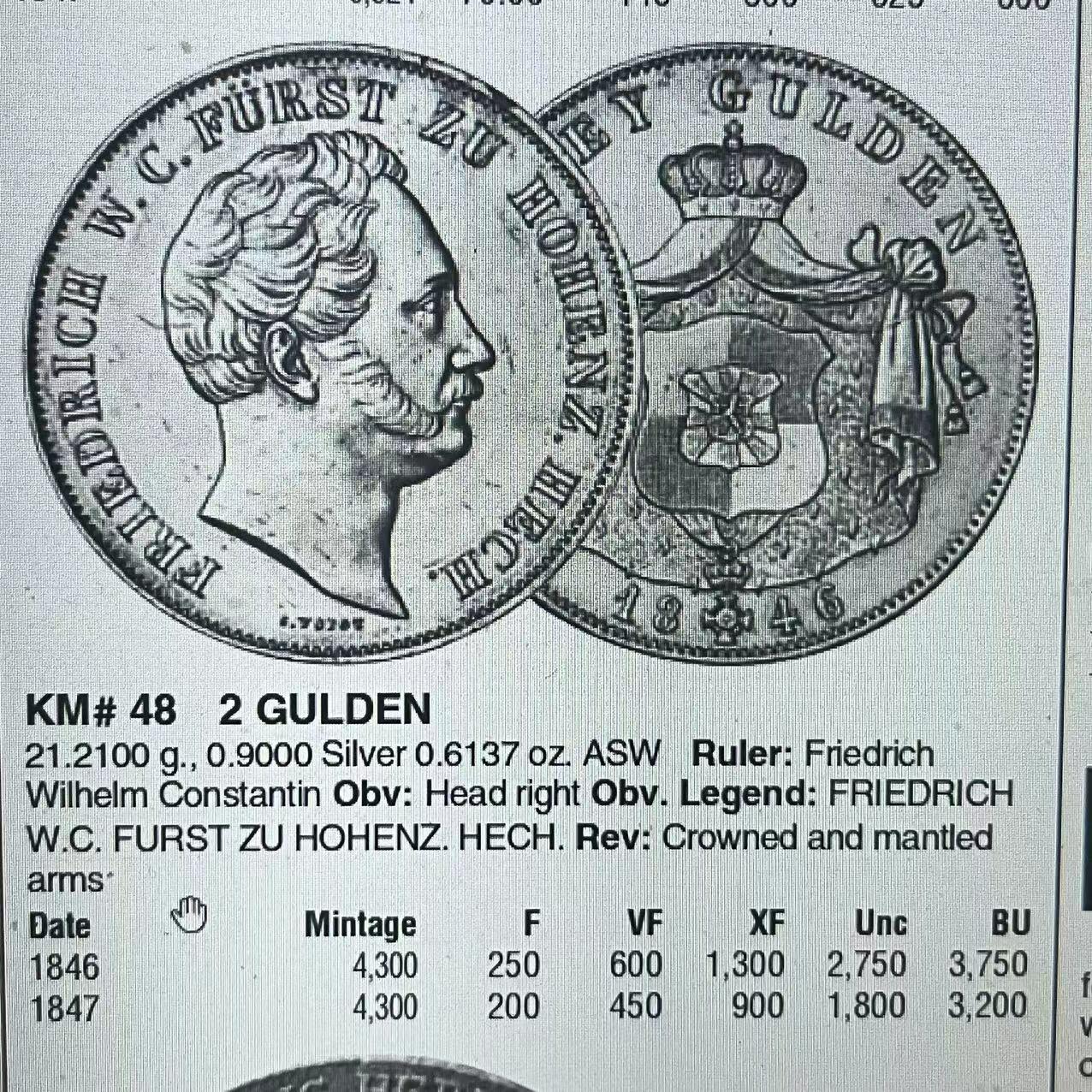 《竞宝斋》第272场- 周日，周一，周二  3场连拍 （全场包邮） 唯一亚军分 NGC AU50 德国 1846 霍亨索伦 2盾银币  21.21克最高55分，4年前7200成交 重量超过后期泰勒不少 对于流通来说4300枚的发行量 足见稀少