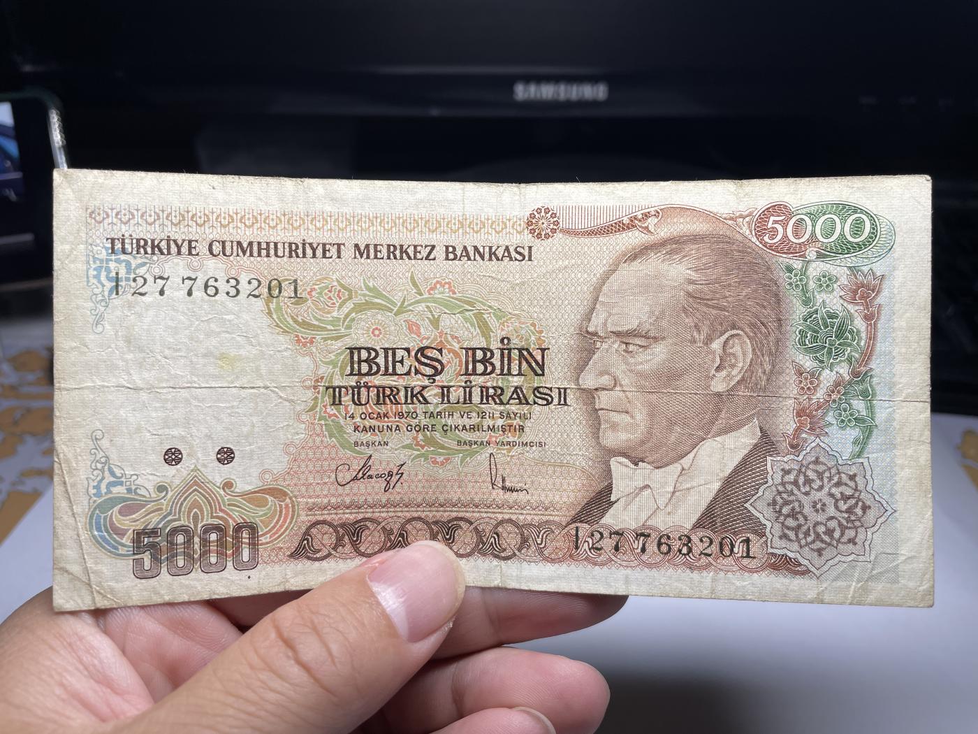 2024年集古藏今外币拍卖第七期-第10场—（总第70拍）-纸币专场，本场拍完结算发货，本期寄存的2-3天内完成发货，再进行下一期拍卖，本期拍卖数量最多者赠老扑克一副 1970年土耳其5000里拉