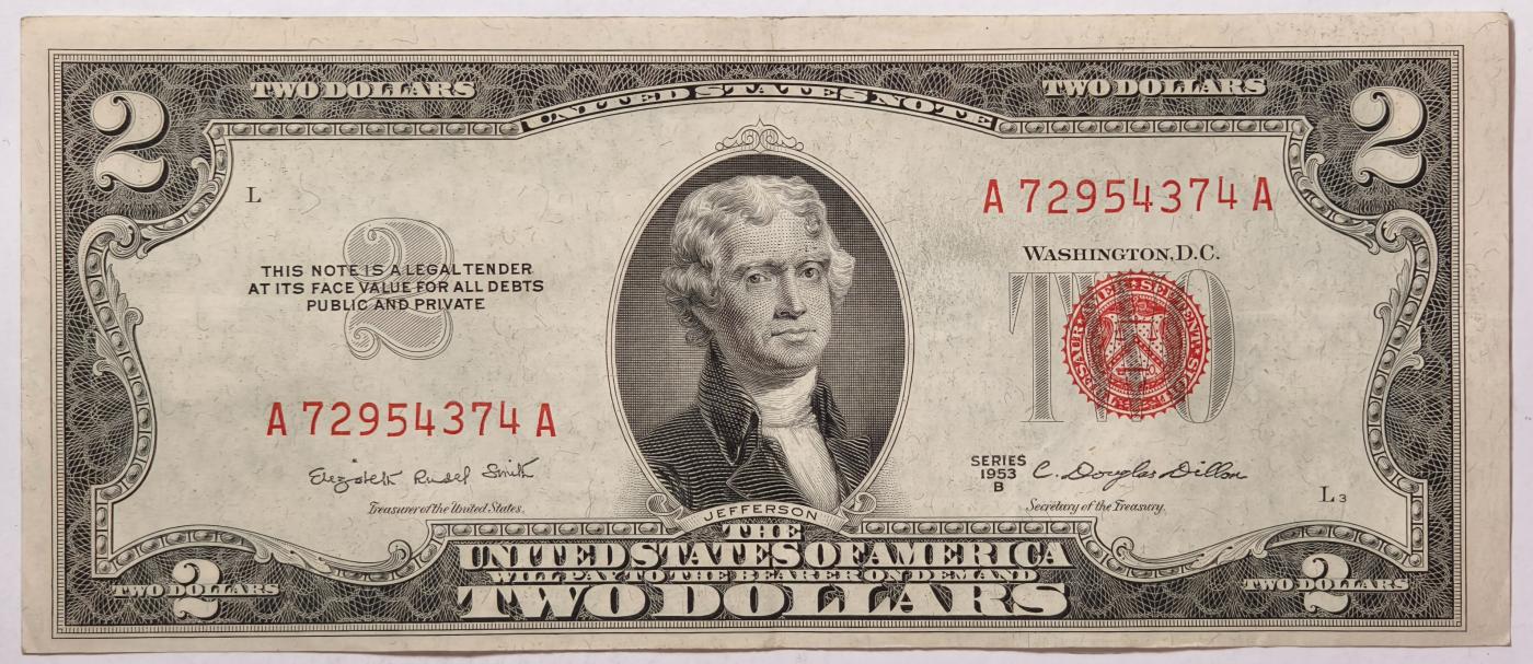 紫瑗钱币——第357期拍卖—— 纸币场 美国 1953年 B序列 托马斯·杰斐逊 2美元 红印 政府券 UNC-