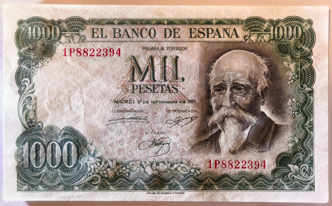紫瑗钱币——第357期拍卖—— 纸币场 西班牙 1971(1974)年 何塞·埃切加赖 1000比塞塔 UNC (P-154)