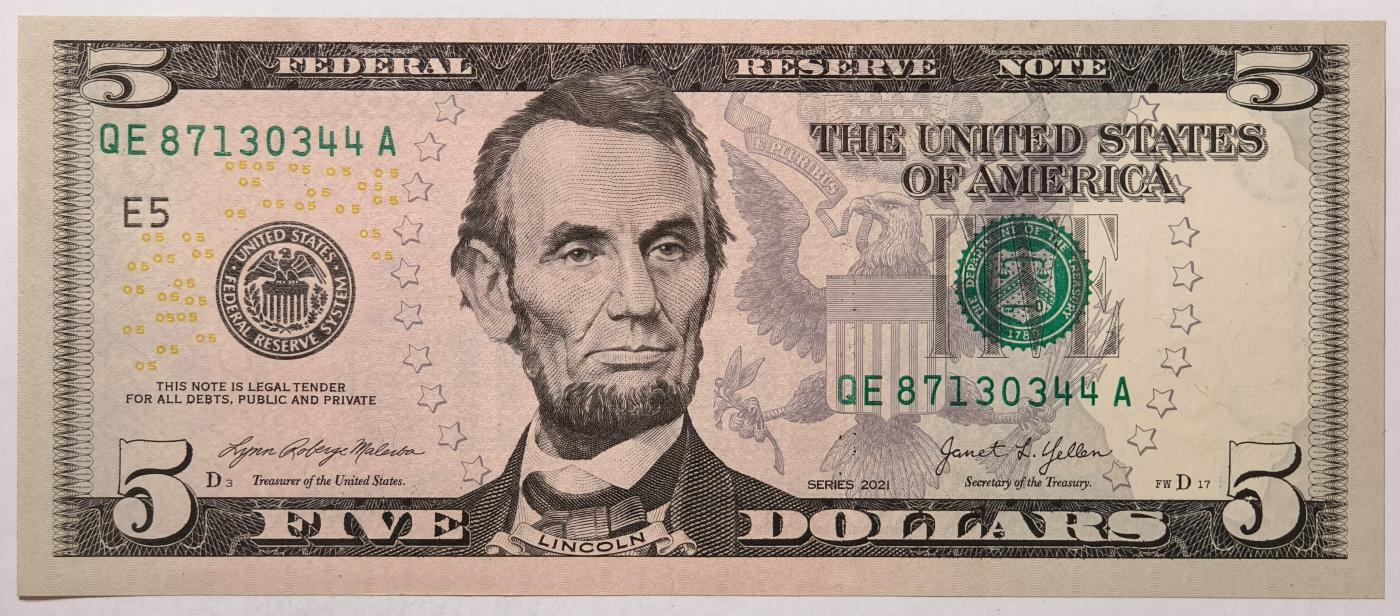 紫瑗钱币——第357期拍卖—— 纸币场 【双尾4】美国 2021年 E版 无序列 亚伯拉罕·林肯 5美元 彩色版 UNC