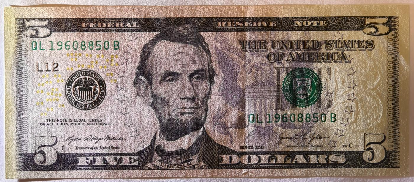 紫瑗钱币——第357期拍卖—— 纸币场 美国 2021年 L版 无序列 亚伯拉罕·林肯 5美元 彩色版 UNC