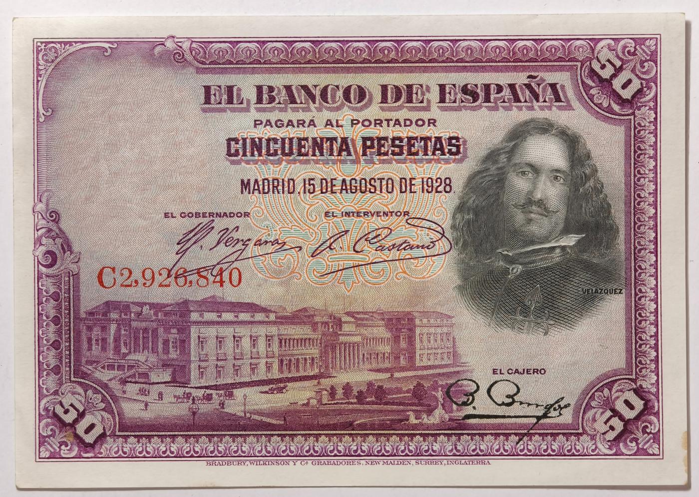 紫瑗钱币——第371期拍卖——纸币场 西班牙 1928年 油画《布雷达的献城》50比塞塔 UNC- (P-75b)