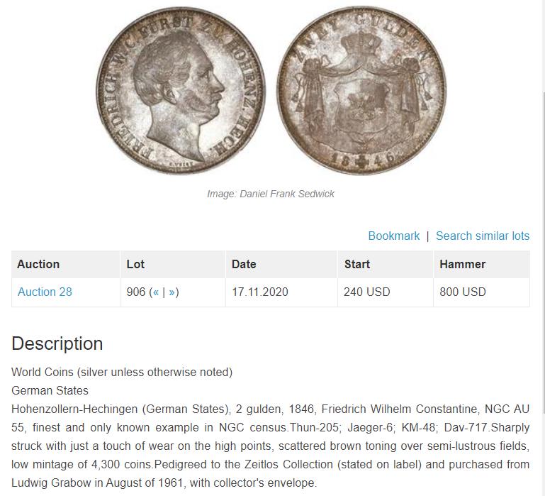 《竞宝斋》第272场- 周日，周一，周二  3场连拍 （全场包邮） 唯一亚军分 NGC AU50 德国 1846 霍亨索伦 2盾银币  21.21克最高55分，4年前7200成交 重量超过后期泰勒不少 对于流通来说4300枚的发行量 足见稀少