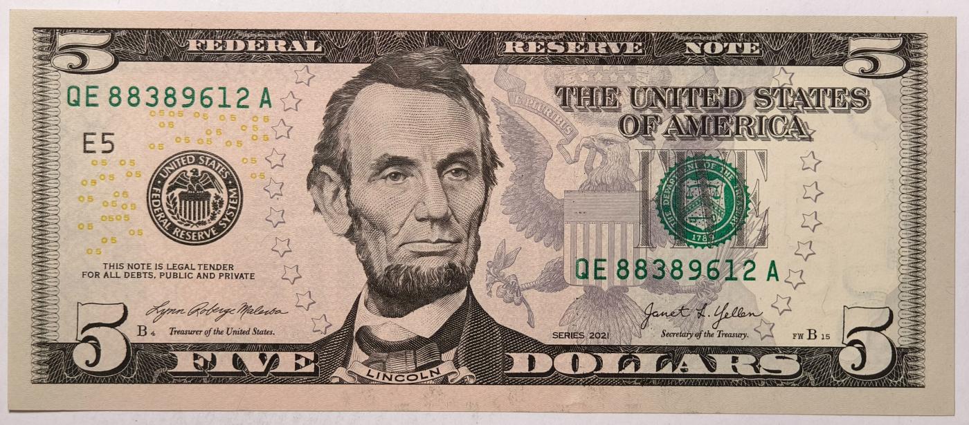 紫瑗钱币——第357期拍卖—— 纸币场 美国 2021年 E版 无序列 亚伯拉罕·林肯 5美元 彩色版 UNC