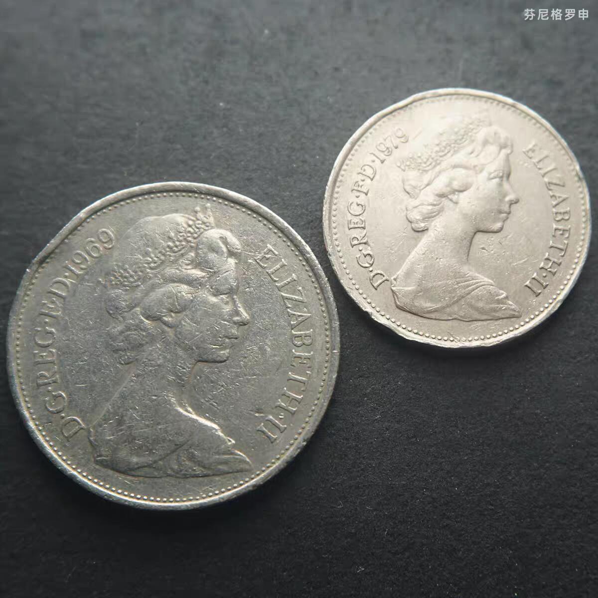 20240526 英国1969-79年5便士10便士镍币硬币2枚一起随机发货 旧币有小砢